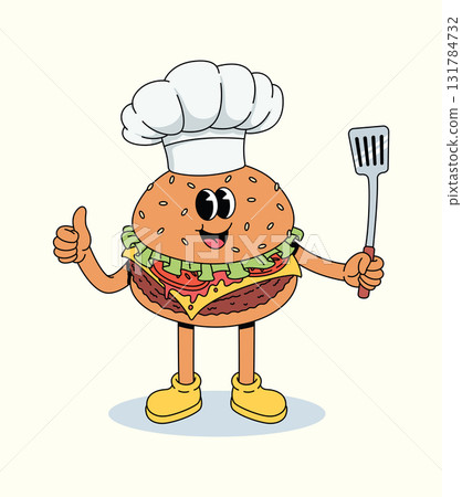 burger chef groovy cartoon illustration 131784732