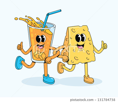 cheese and drink groovy cartoon illustration 131784738