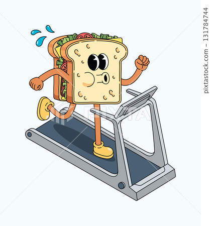 sandwich treadmill groovy cartoon illustration 131784744