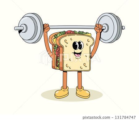 sandwich weightlifting groovy cartoon illustration 131784747