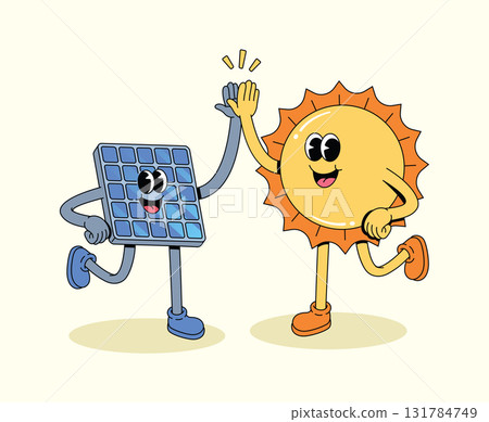solar panel and sun high five groovy cartoon illustration solar panel and sun high five groovy cartoon illustration 131784749