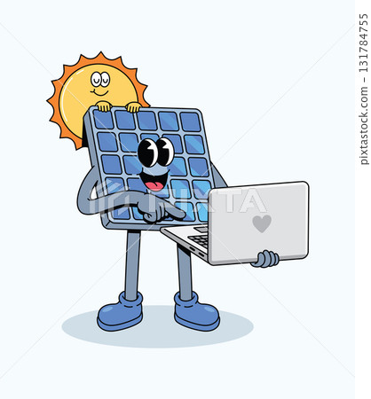 solar panel laptop groovy cartoon illustration solar panel laptop groovy cartoon illustration 131784755