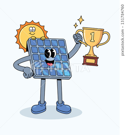 solar panel trophy groovy cartoon illustration 131784760