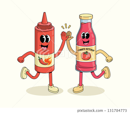 tomato ketchup and chili sauce groovy cartoon illustration tomato ketchup and chili sauce groovy cartoon illustration 131784773