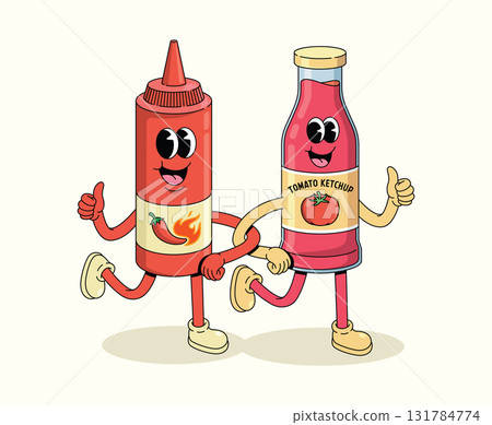 tomato ketchup and chili sauce walk together groovy cartoon illustration tomato ketchup and chili sauce walk together groovy cartoon illustration 131784774