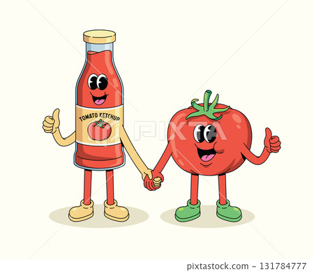 tomato ketchup and tomato hand in hand groovy cartoon illustration 131784777