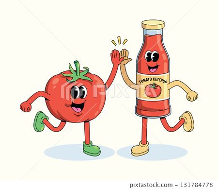 tomato ketchup and tomato high five groovy cartoon illustration 131784778