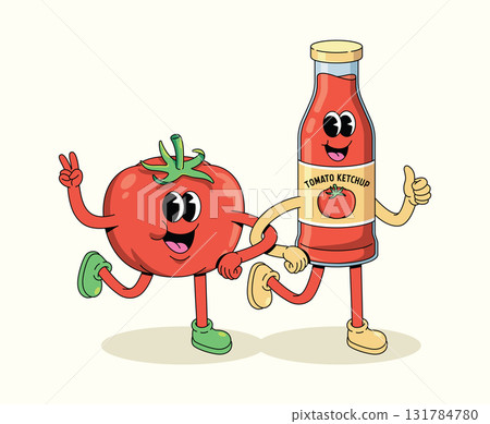 tomato ketchup and tomato walk groovy cartoon illustration tomato ketchup and tomato walk groovy cartoon illustration 131784780
