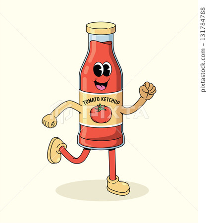 tomato ketchup walk groovy cartoon illustration 131784788