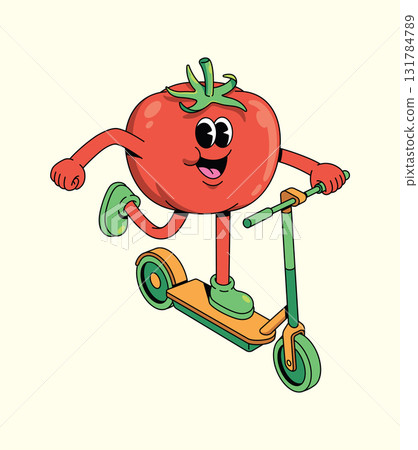 tomato kick scooter groovy cartoon illustration 131784789