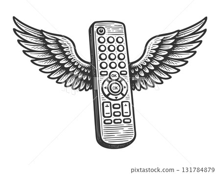 Flying TV remote control engraving sketch vector Flying TV remote control engraving sketch vector 131784879