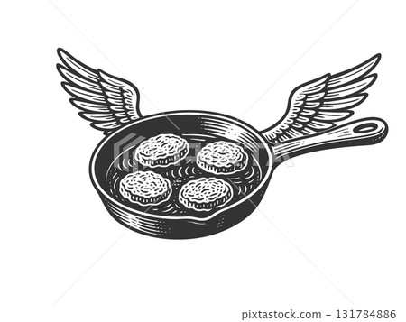Flying frying pan engraving vector illustration 131784886