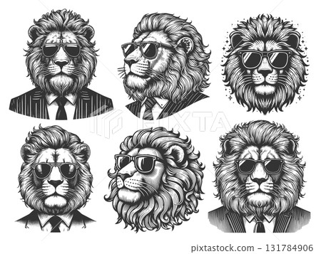 Lions in Suits and Sunglasses engraving set raster 131784906