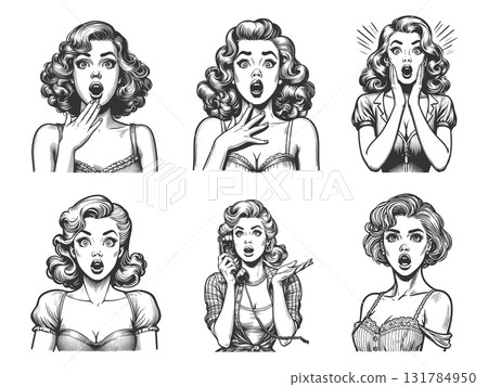 Surprised Woman engraving set vector collection 131784950