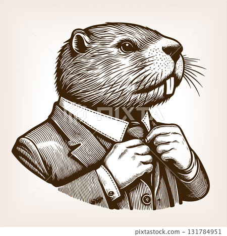 beaver businessman adjusting tie engraving raster 131784951