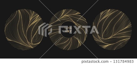 Elegant circular floral logos, golden line art leaves, vector ornaments, luxury organic emblems. Spa or florist branding, wedding monograms, beauty labels 131784983
