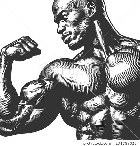 Muscular man flexing biceps engraving raster 131785025