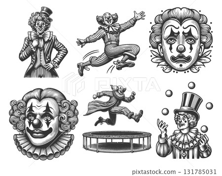Clown Portraits and Circus engraving set vector 131785031