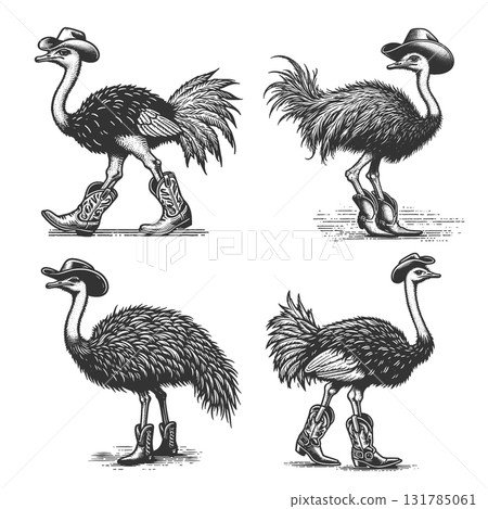 Ostrich in Cowboy Boots engraving set raster 131785061