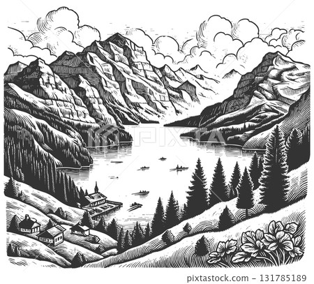 Scenic Alpine Lake with Mountain Village vector 131785189