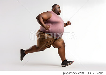 Overweight African American man running on white background, concept of overweight and weight loss. Neural network generated photorealistic image 131785204