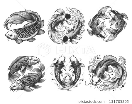 Koi Fish engraving set vector collection 131785205