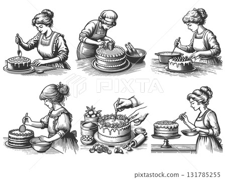 Woman Decorating Cakes set raster collection 131785255