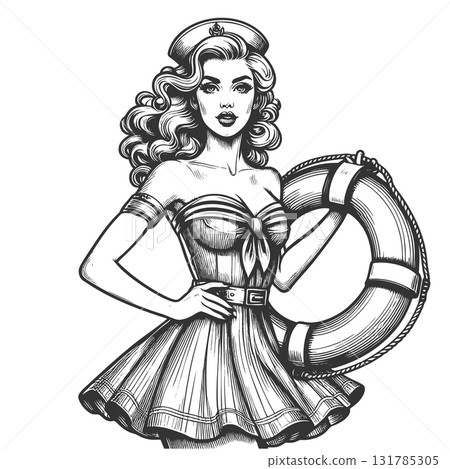 Sailor Girl Holding Lifebuoy raster illustration 131785305