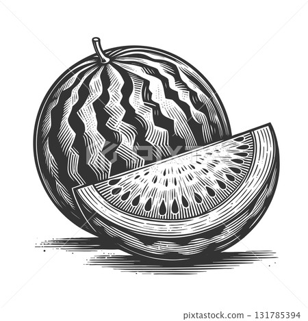 watermelon slice engraving raster illustration 131785394