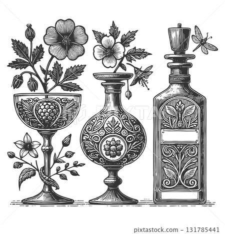 Botanical Liquor Bottle sketch raster illustration 131785441