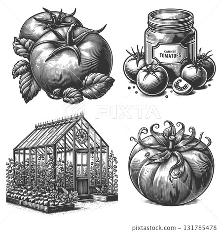 Tomato and Greenhouse engraving set raster 131785478