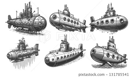 Steampunk Submarines engraving raster collection 131785541