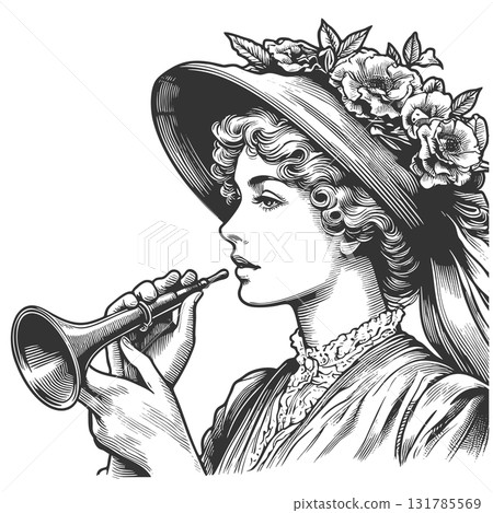 Woman Playing Trumpet engraving vector 131785569