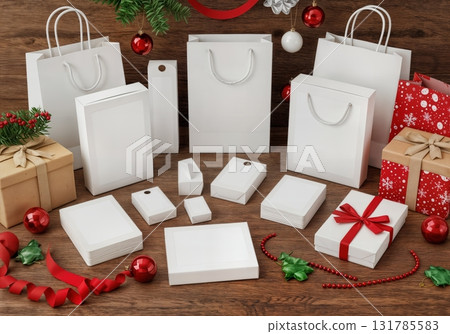 Christmas Product Packaging Display with White Boxes and Clear Label Areas Surrounded by Festive Elements 131785583