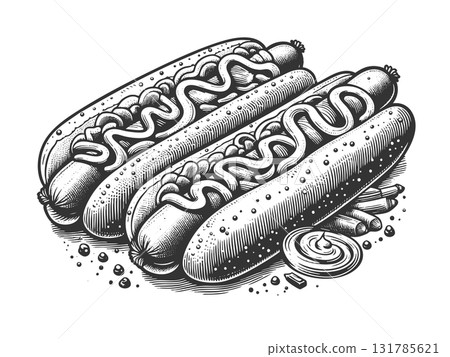 hot dog with mustard and bun engraving raster 131785621