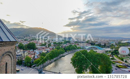 Aeria panorama of Tbilisi and Statue of King Vakhtang Gorgasali and panorama of Tbilisi in sunrise Aeria panorama of Tbilisi and Statue of King Vakhtang Gorgasali and panorama of Tbilisi in sunrise 131785728