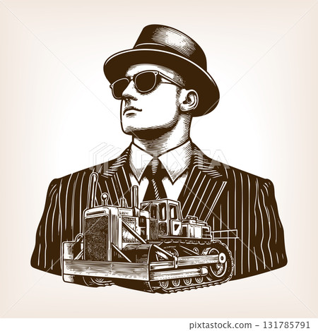 Surreal businessman with bulldozer raster 131785791