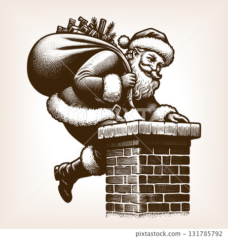 Santa Claus climbing into chimney with gift sack 131785792