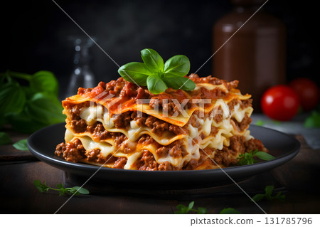 classic Italian lasagna with layers of pasta on black plate on table on dark background. Neural network photorealistic generated image classic Italian lasagna with layers of pasta on black plate on table on dark background. Neural network photorealistic generated image 131785796