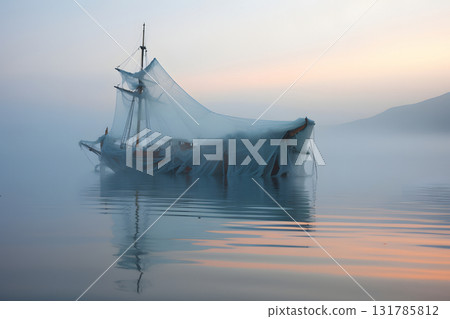 spectral ghost ship at foggy morning or evening. Neural network generated image 131785812