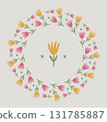Spring flower circle frame set. Floral circle frame. Hand drawn botanical round border, laurel, wreath with branches, leaves and flowers 131785887