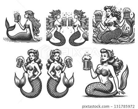Mermaid with Beer engraving set raster collection 131785972