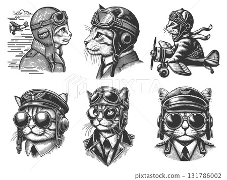 Pilot Cats in Aviator Gear engraving set raster 131786002