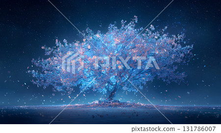 Mysterious cherry blossoms shining in the night sky 131786007
