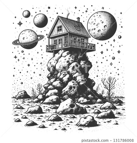 Surreal House on Alien Planet with Moon raster 131786008