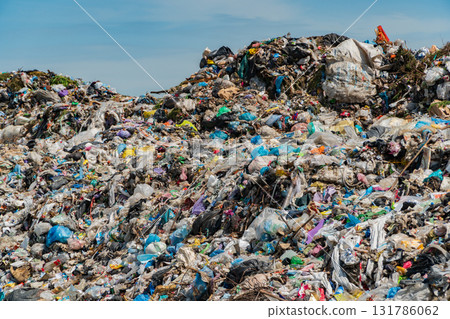 A large landfill site filled with natural and synthetic waste reflects the challenge of pollution and its effect on the environment 131786062