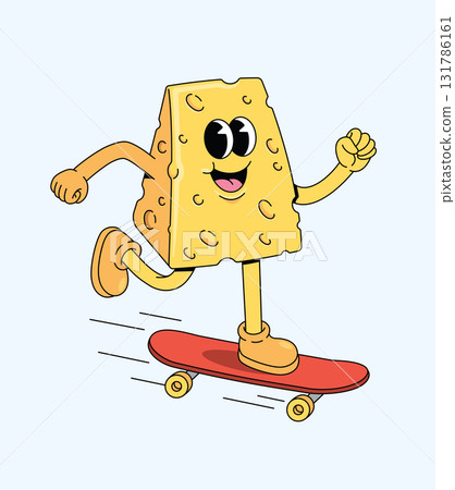 cheese skateboard groovy cartoon illustration 131786161