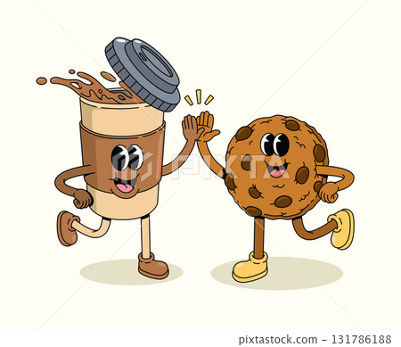 coffee cup and chip cookie high five groovy cartoon illustration 131786188