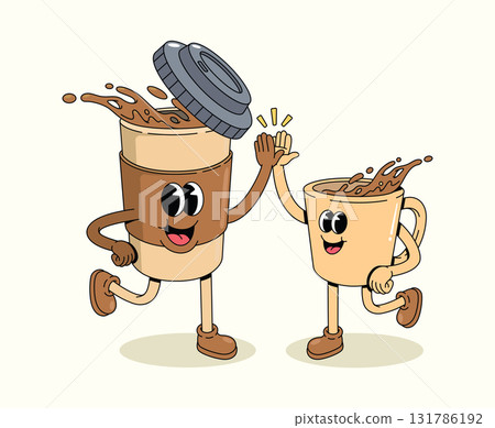 coffee cup and coffee mug groovy cartoon illustration 131786192