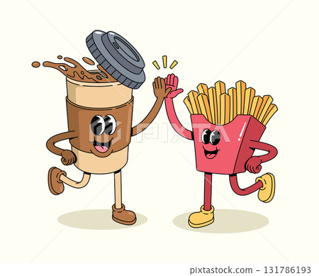 coffee cup and french fries groovy cartoon illustration 131786193